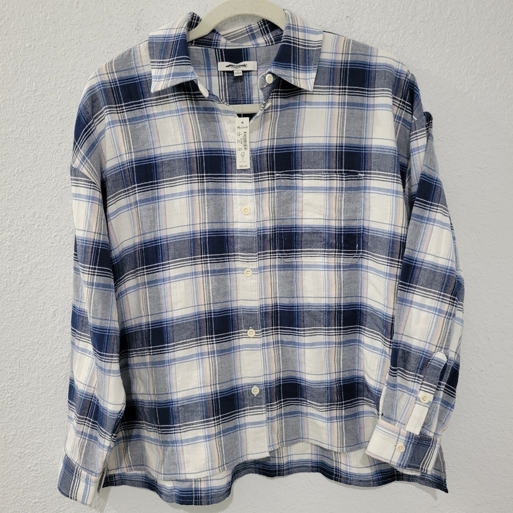 Madewell Hartfield Crop Flannel Shirt, Retail $92  NWT Blue NI037
